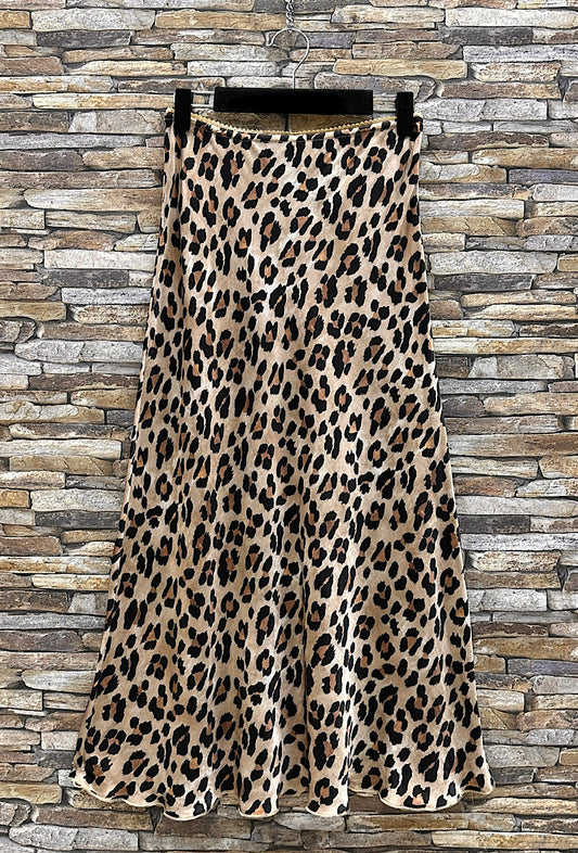 SATIN LEOPARD PRINT MIDI SKIRT