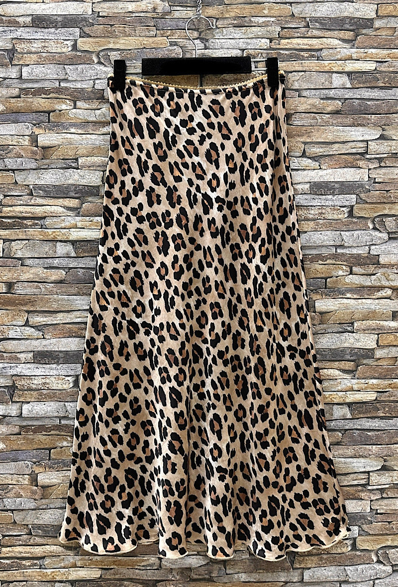 SATIN LEOPARD PRINT MIDI SKIRT