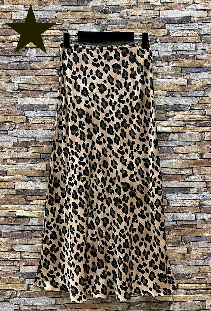 SATIN LEOPARD PRINT MIDI SKIRT