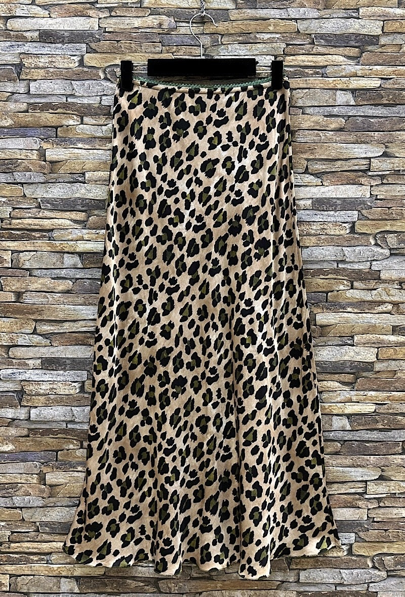 SATIN LEOPARD PRINT MIDI SKIRT