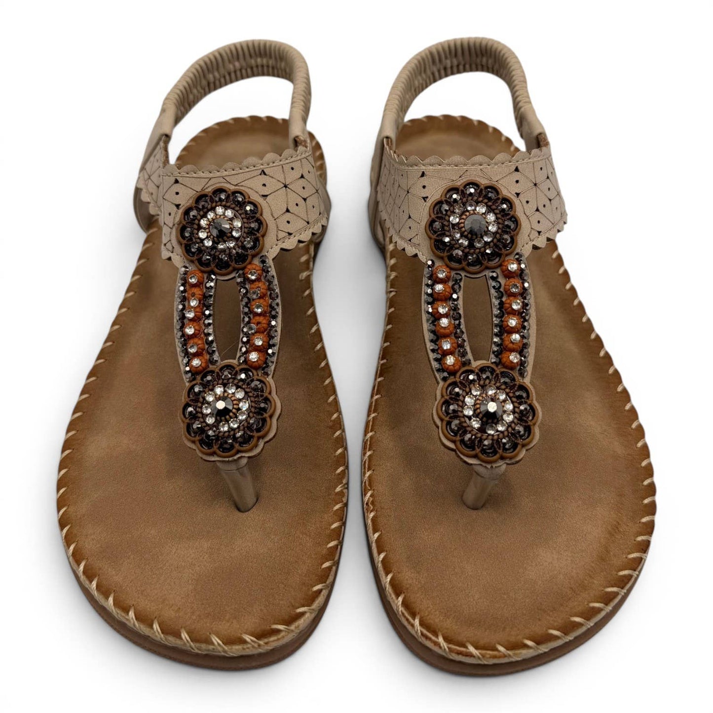 Women's Beaded Bohemian Flip Flop Sandals RT268-6: Beige