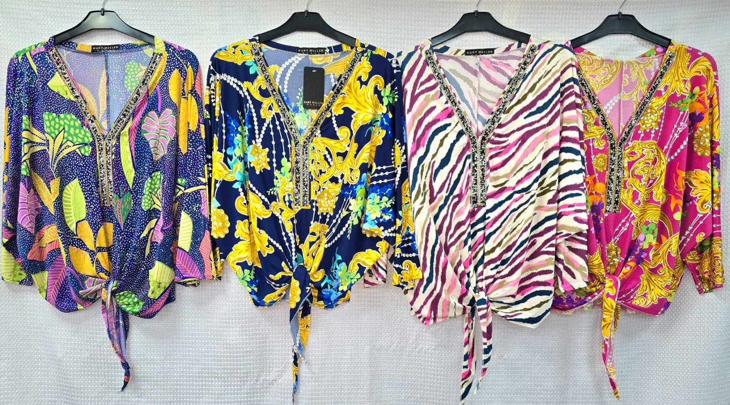 Printed V Diamante Slinky Tops: ZigZag