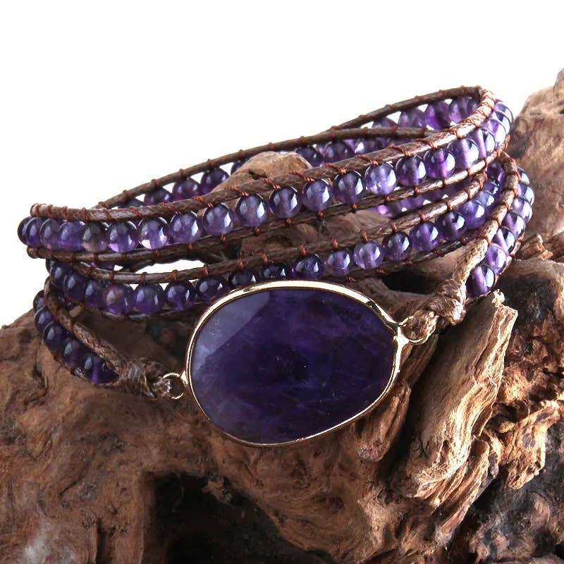Amethyst Hand-Woven Leather Bracelet: B