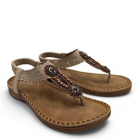 Women's Beaded Bohemian Flip Flop Sandals RT268-6: Beige