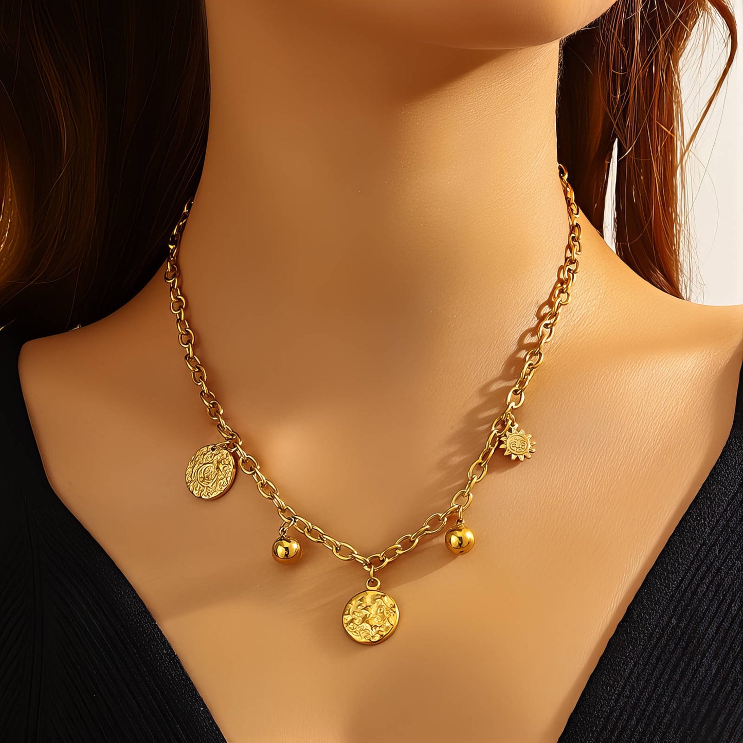 CRESCENT AND START NECKLACE, 18K GOLD PLATED STEEL
