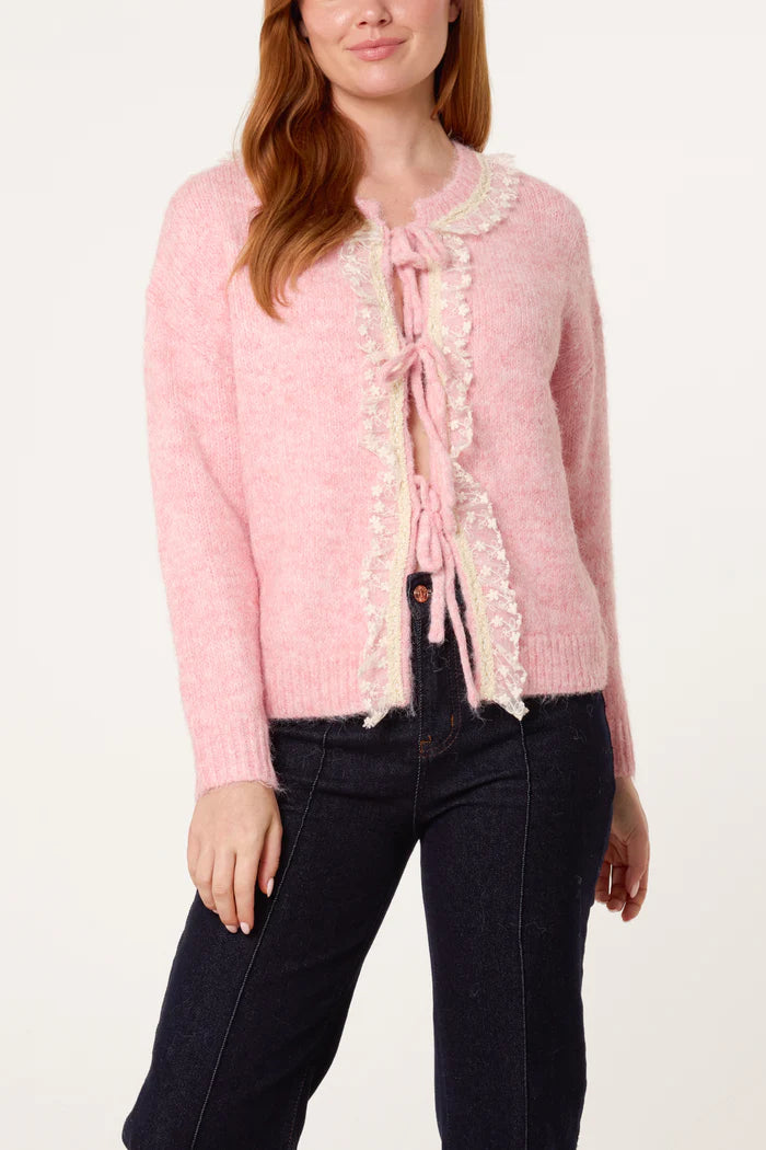 TIE BOW FRONT LACE & KNIT CARDIGAN