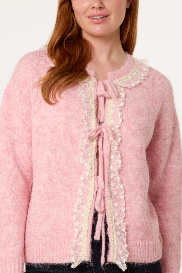 TIE BOW FRONT LACE & KNIT CARDIGAN